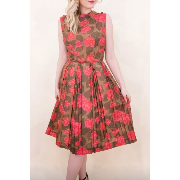 1950s Sleeveless Floral Boat Neck 50s Vintage Pleated Brown Red Pink Midi Dress - Picture 6 of 15